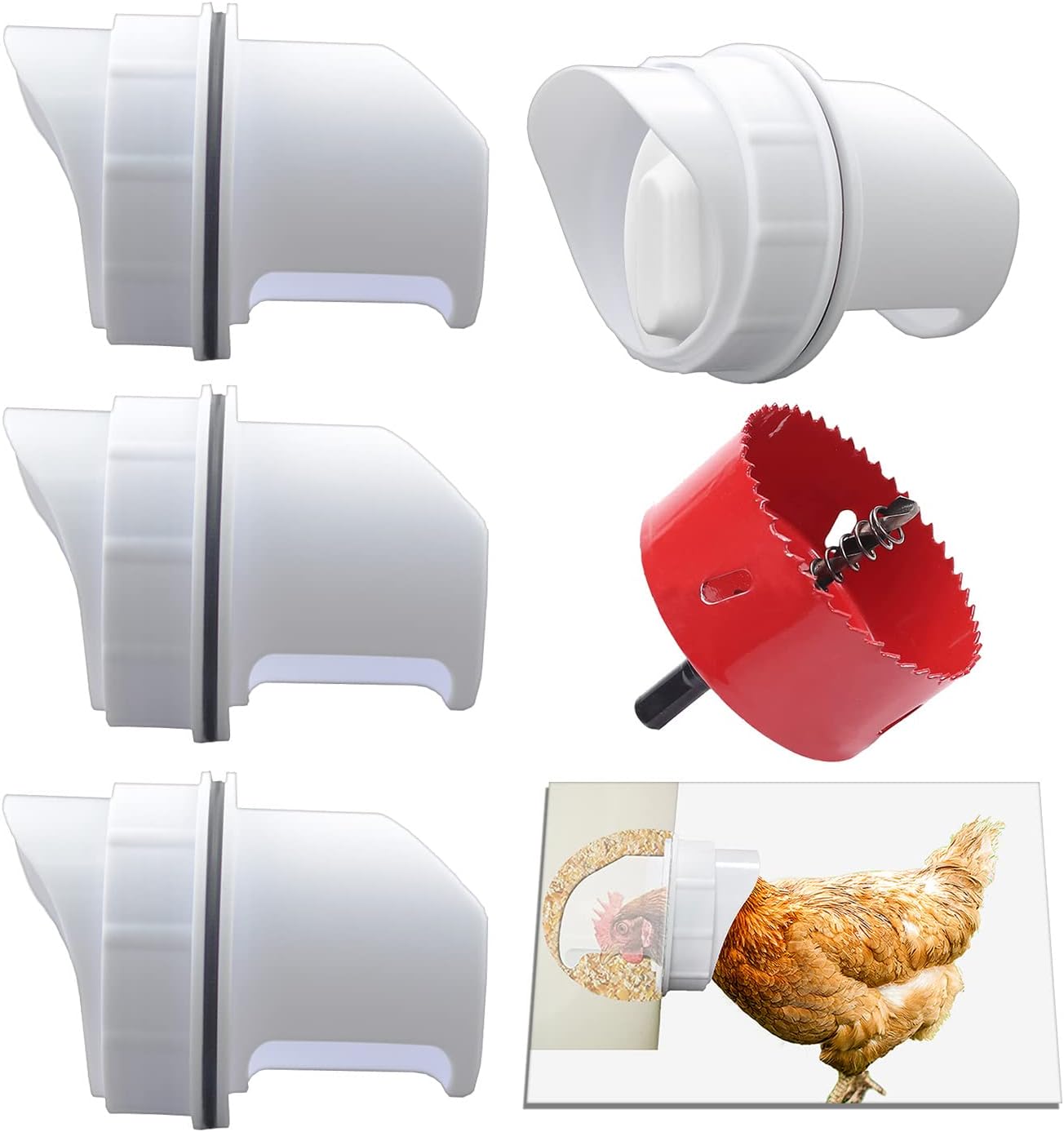 DIY Chicken Feeder Rain Proof Poultry Feeder Port Gravity Feed Kit for Buckets, Barrels, Troughs (4 Port with holesaw)